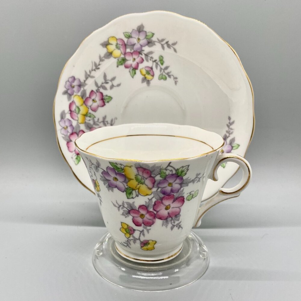 Colclough 6593 England Floral Pedestal Teacup and Saucer with Display Stand